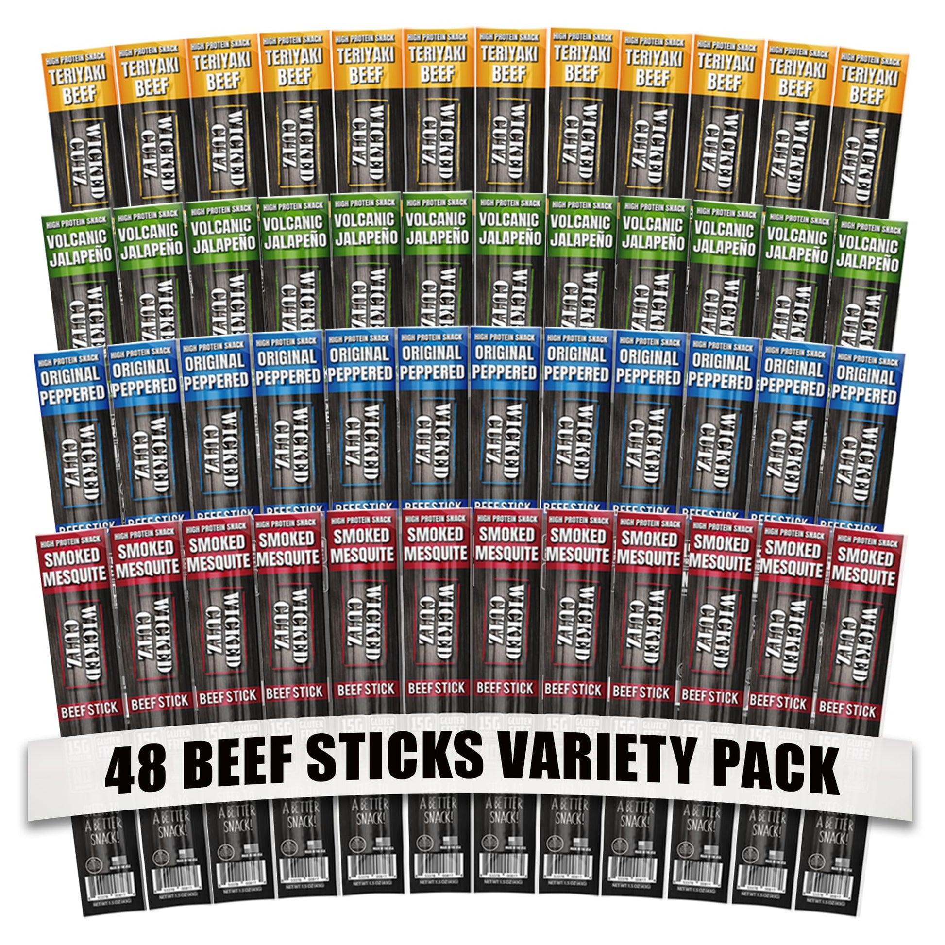 Wicked Cutz Beef Sticks Variety Pack, 15g Protein, 4 Flavors, 1.5 oz each, 48 Pack, USA Made High Protein Snacks