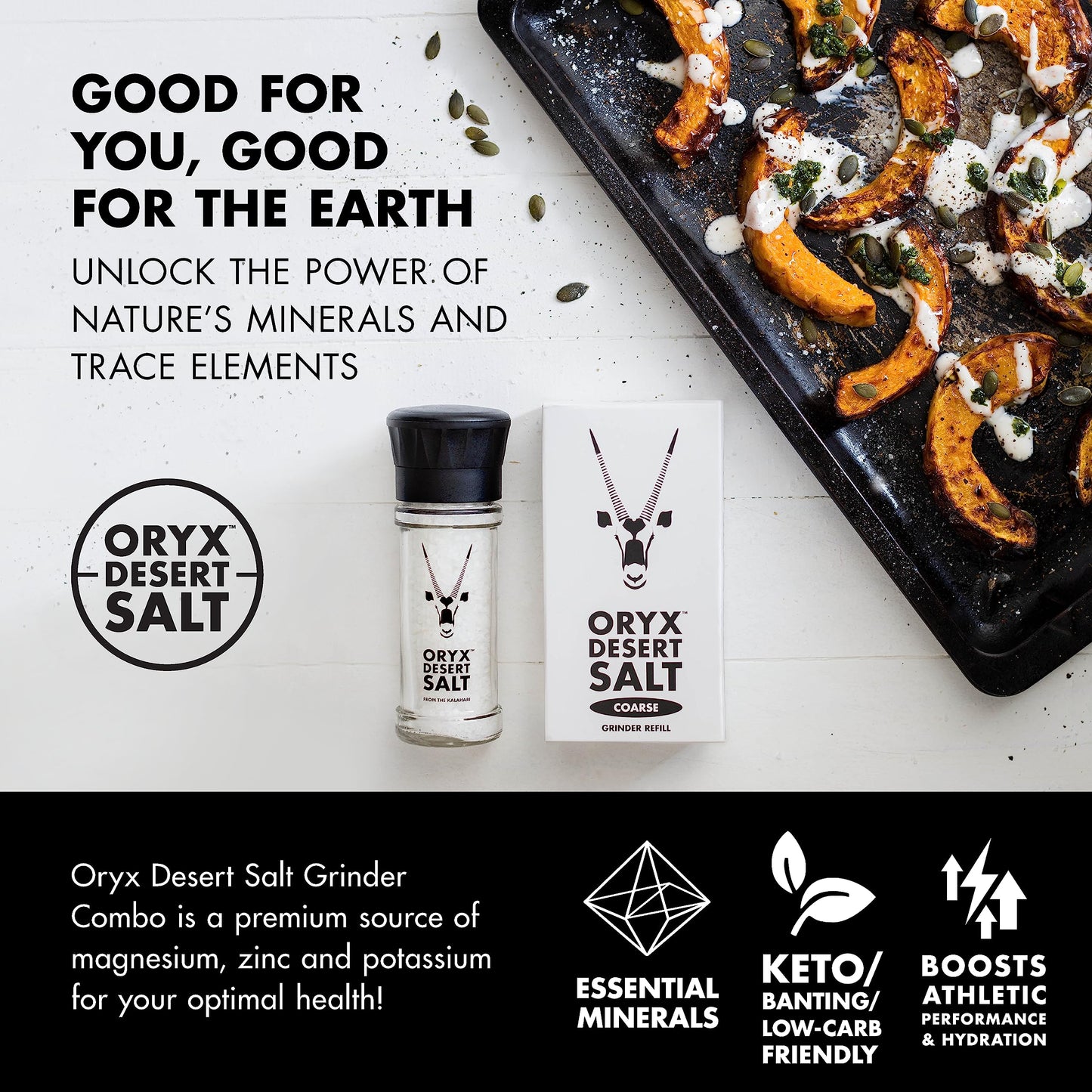 Oryx Desert Salt Grinder Combo, Refillable +20x Ceramic Grinder, 3.52oz/8.8oz, Ideal for Salads & Cooking, Alternative to Sea Salt