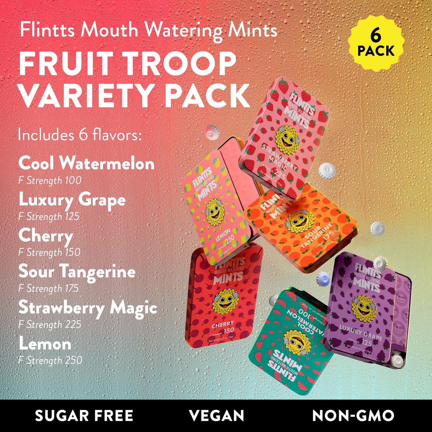 Flintts Mints Fruit Troop (Cool Watermelon, Luxury Grape, Cherry, Sour Tangerine, Strawberry Magic, Lemon) - Sugar Free & Vegan,