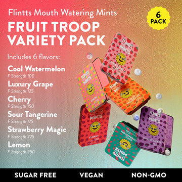 Flintts Mints Fruit Troop (Cool Watermelon, Luxury Grape, Cherry, Sour Tangerine, Strawberry Magic, Lemon) - Sugar Free & Vegan,