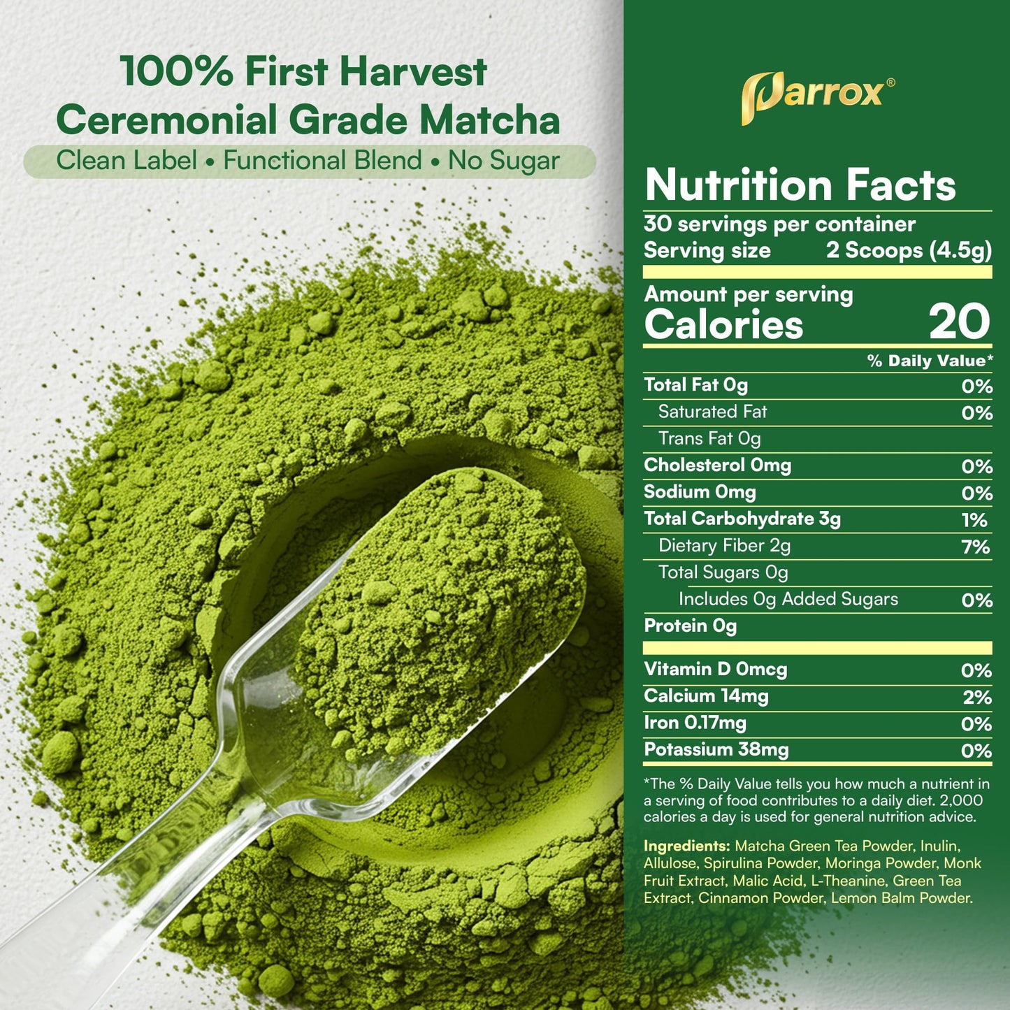 Ceremonial Grade Matcha Powder Infused with Moringa  Green Tea Extract  L-Theanine  Inulin  Spirulina  Ceylon Cinnamon  and Lemon Balm - 100% First Harvest Japanese Tea (30 Servings)