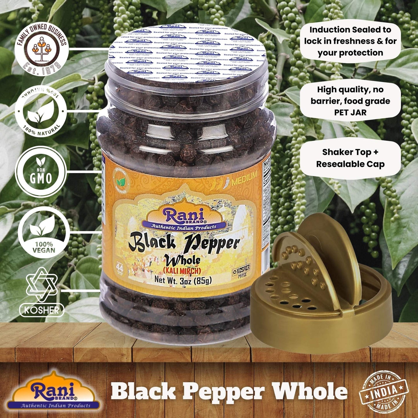 Rani Black Pepper Whole (Peppercorns), Premium MG-1 Grade, 3oz PET Jar, Gluten Friendly, Non-GMO, Kosher, Product of Vietnam