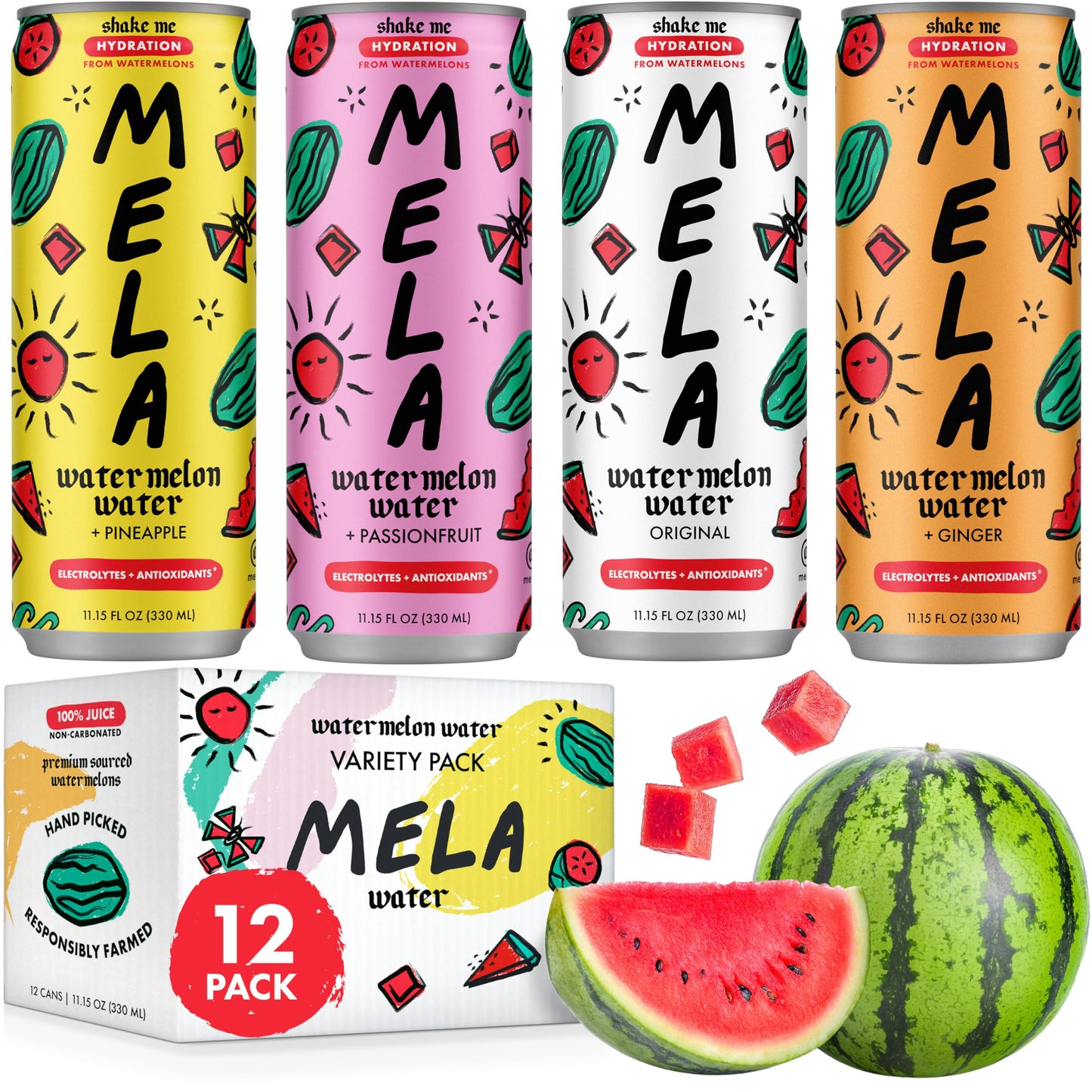 Mela Watermelon Water - Watermelon Juice, 100 Percent Natural Fruit Juice with Vitamin C, Electrolytes, Antioxidants - Coconut Water Alternative, Gluten-Free (Variety, 11.15 fl oz, 12-pack)