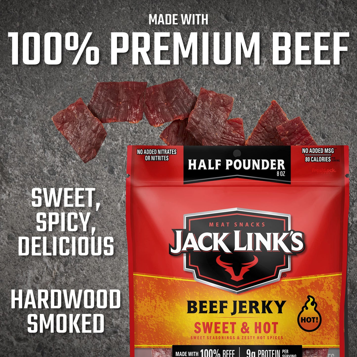 Jack Links Beef Jerky Sweet & Hot, 8 Ounce Bag, 9g Protein, 96% Fat Free, No Added MSG or Nitrates/Nitrites