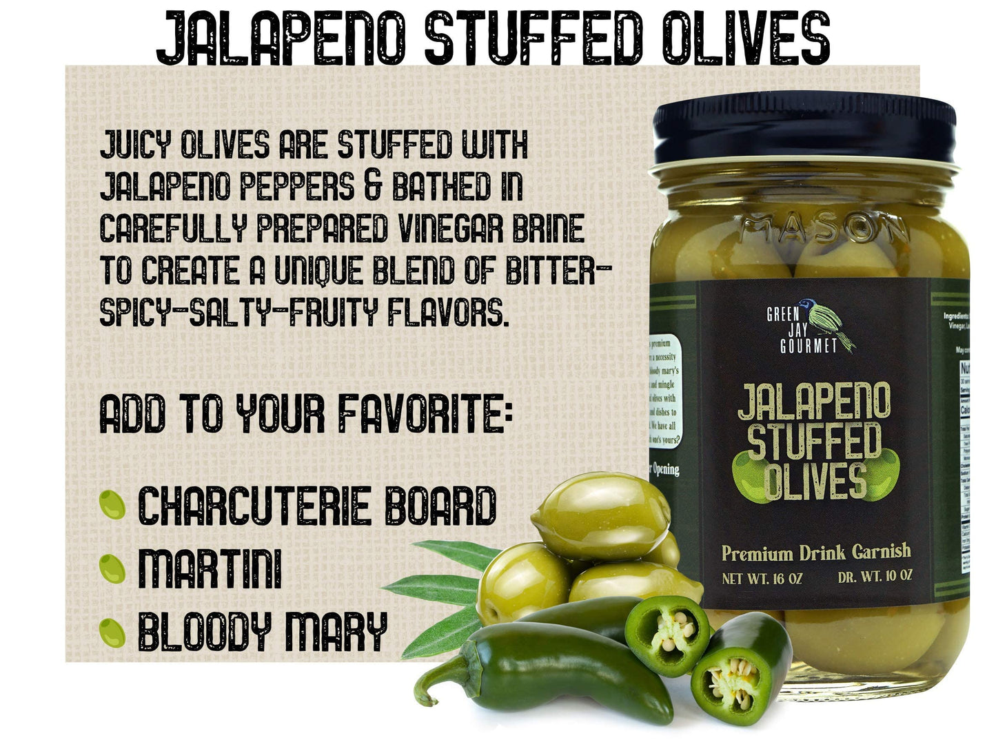 Green Jay Gourmet Jalapeno Stuffed Olives - All Natural - 2 x 16 Oz - Perfect for Cocktails & Cheese Boards