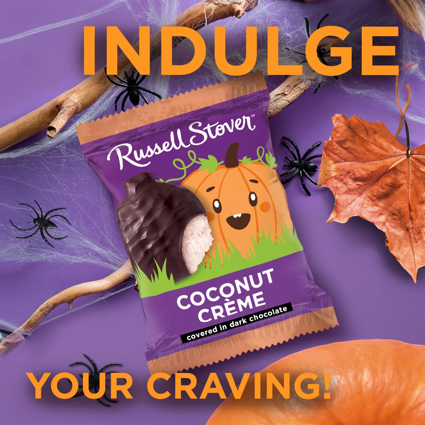 RUSSELL STOVER Halloween Dark Chocolate Coconut Crme Candy Pumpkin, 1.3 oz. (Pack of 18)