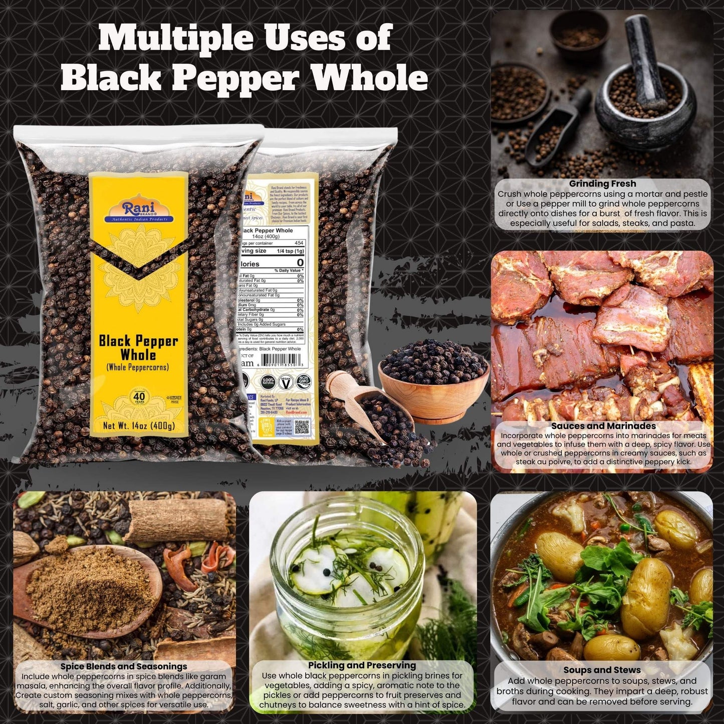 Rani Black Pepper Whole (Peppercorns), Premium Mg-1 Grade 14Oz (400G) ~ All Natural | Gluten Friendly | Non-Gmo | Kosher | Product Of Vietnam | Perfect Size For Grinders!