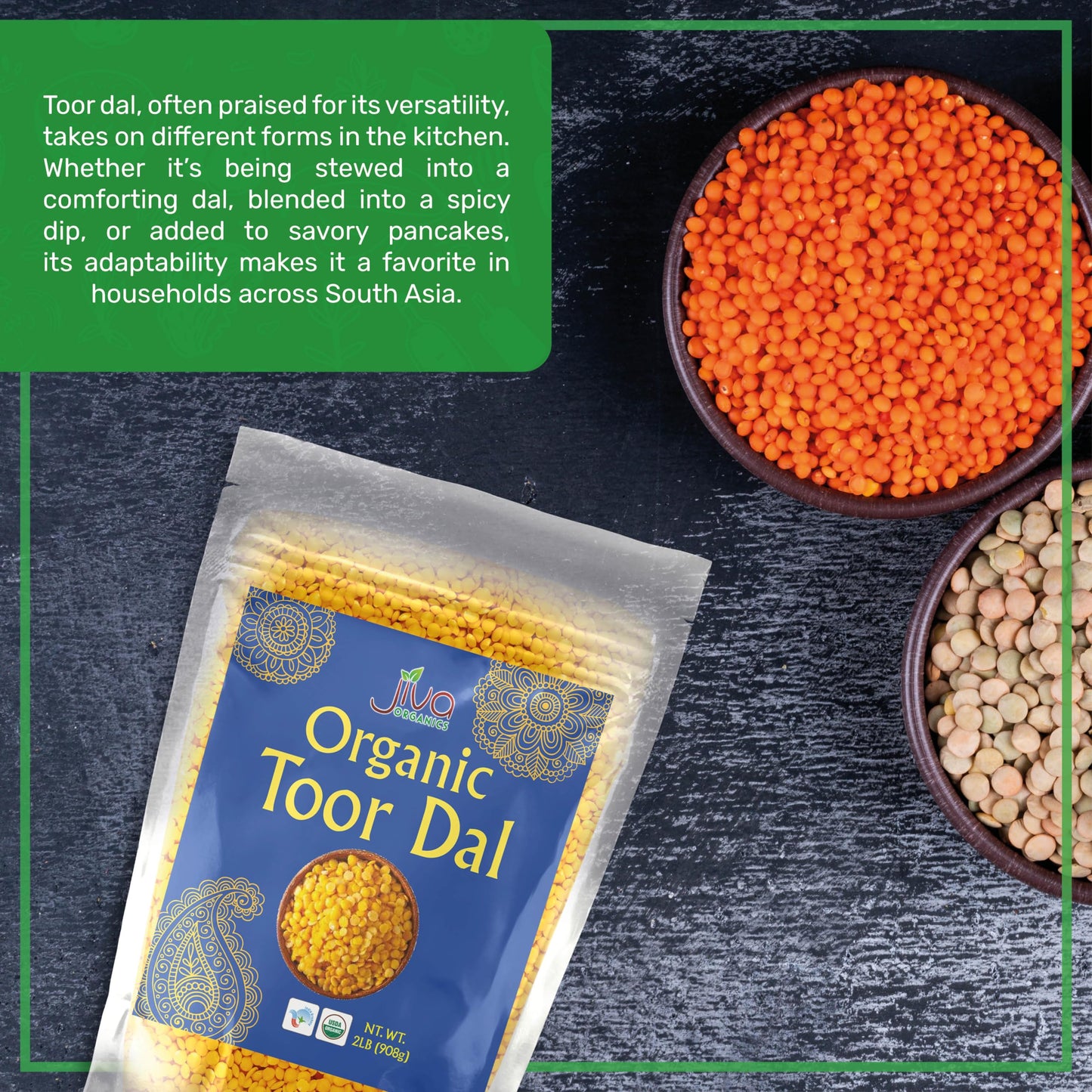 Jiva Organic Toor Dal Kori, Unoily, Madhi 2 Pound Bag - Indian Split Pigeon Peas - Non-Gmo, Vegan