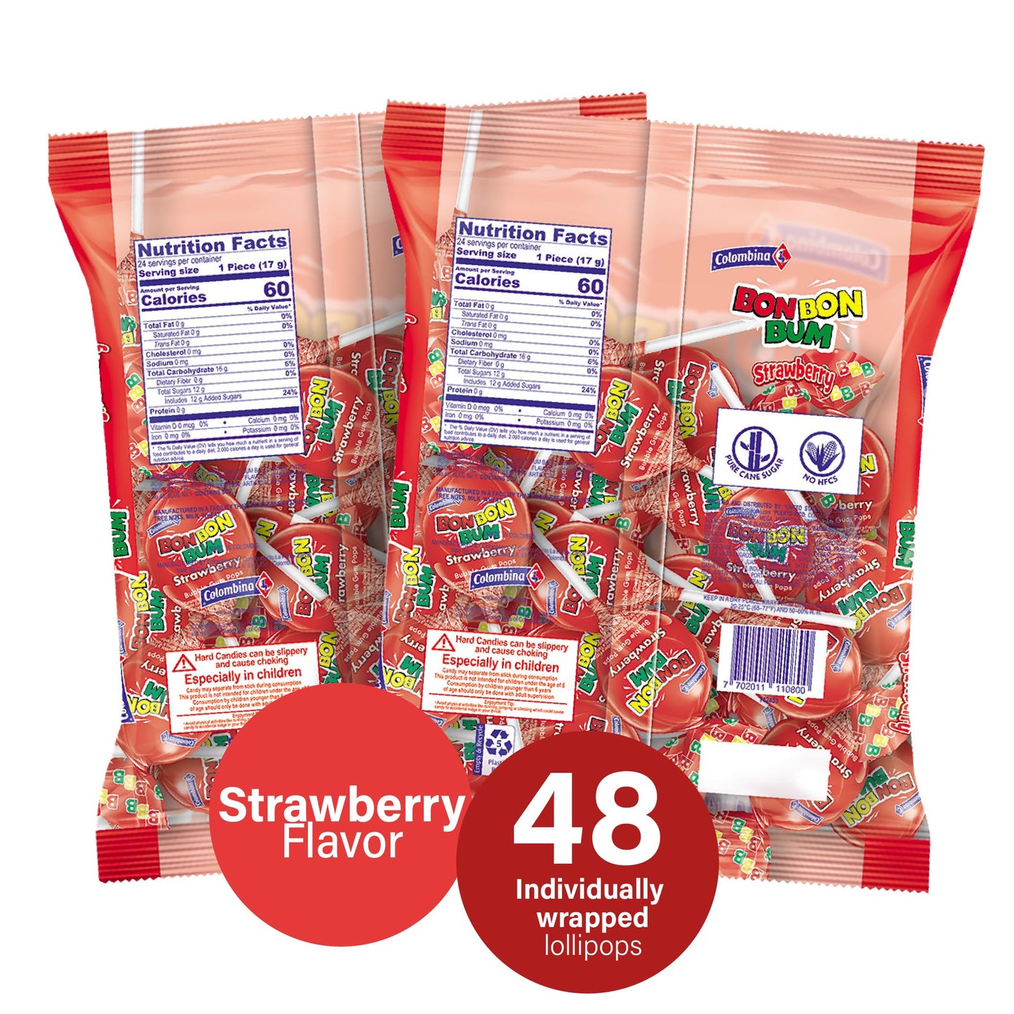 Colombina Bon Bon Bum Lollipops W/Bubble Gum Center, Strawberry Flavor, Individually Wrapped, Ideal For Party Favors And Gifts, 2 Pack (48 Count)