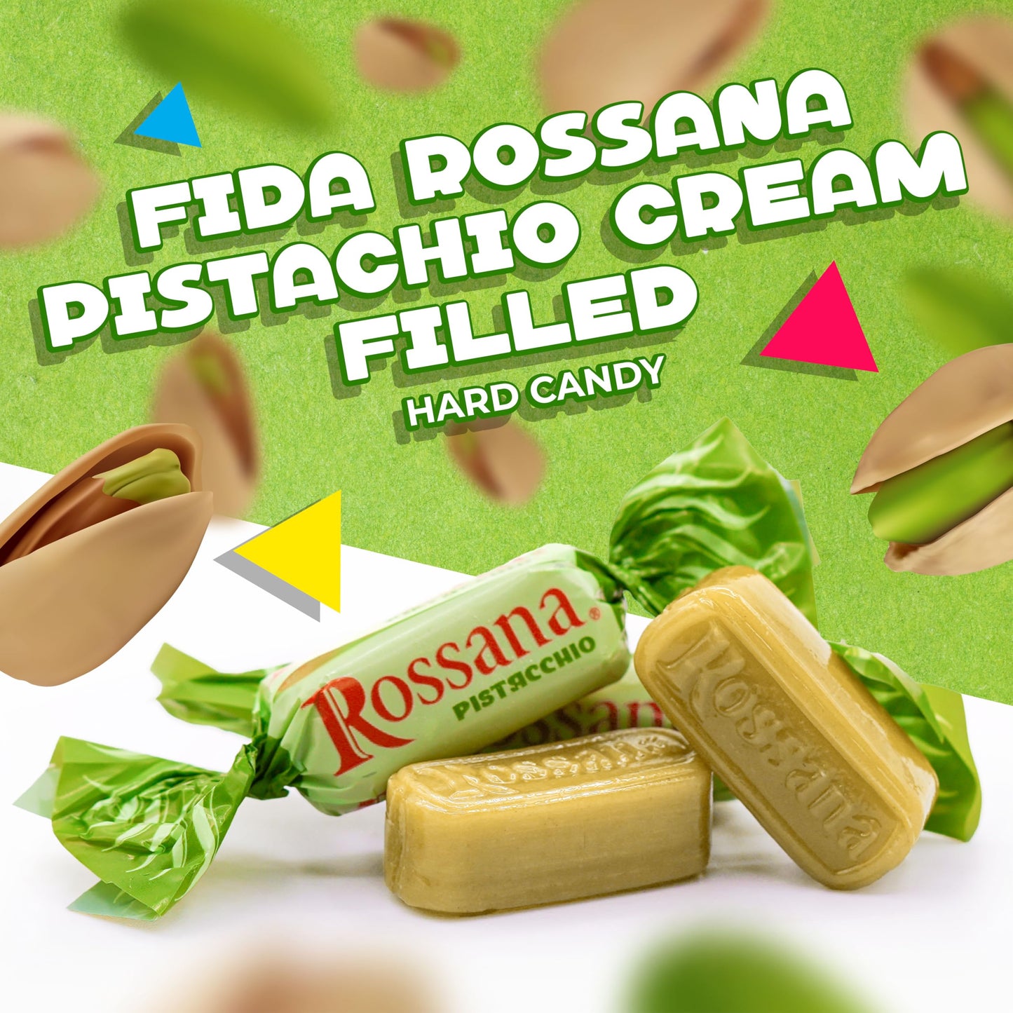 Fida Rossana Pistachio Hard Candy | 1 Pound Bag - About 75 Count | Individually Wrapped Rossana Italian Candy | Rich Pistachio Cream Center | Filled Gourmet Treat