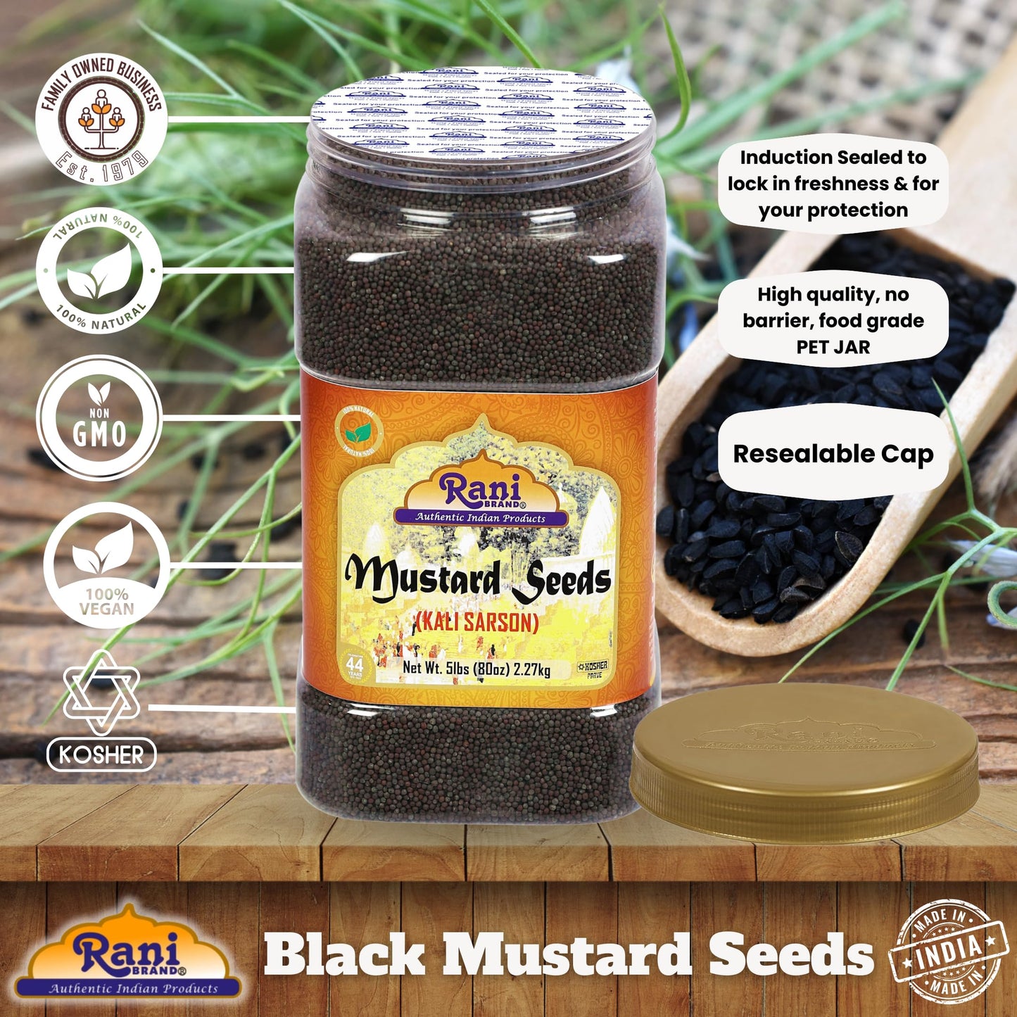 Rani Black Mustard Seeds Whole Spice (Kali Rai) 80Oz (5Lbs) 2.27Kg Bulk Pet Jar ~ All Natural | Gluten Friendly | Non-Gmo | Kosh
