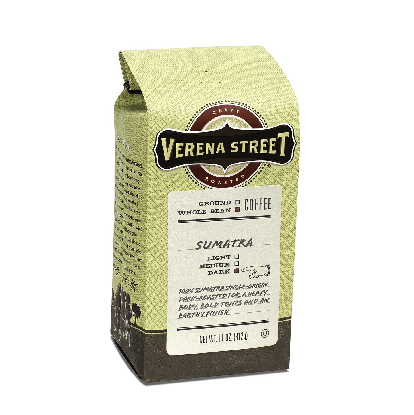Verena Street Dark Roast Whole Bean Coffee, 100% Sumatra, 11 Ounce, Rainforest Alliance Certified