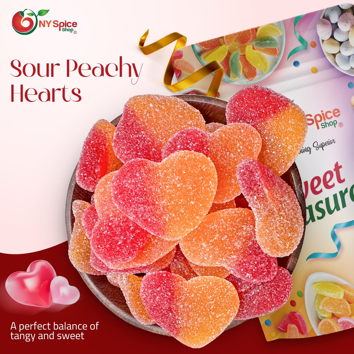 NY Spice Shop Peach Hearts Gummy Candy - 8 Ounce Peach Flavored Heart Shaped Candy - Peach Gummies Candy - Peach Gummy Candy Sna