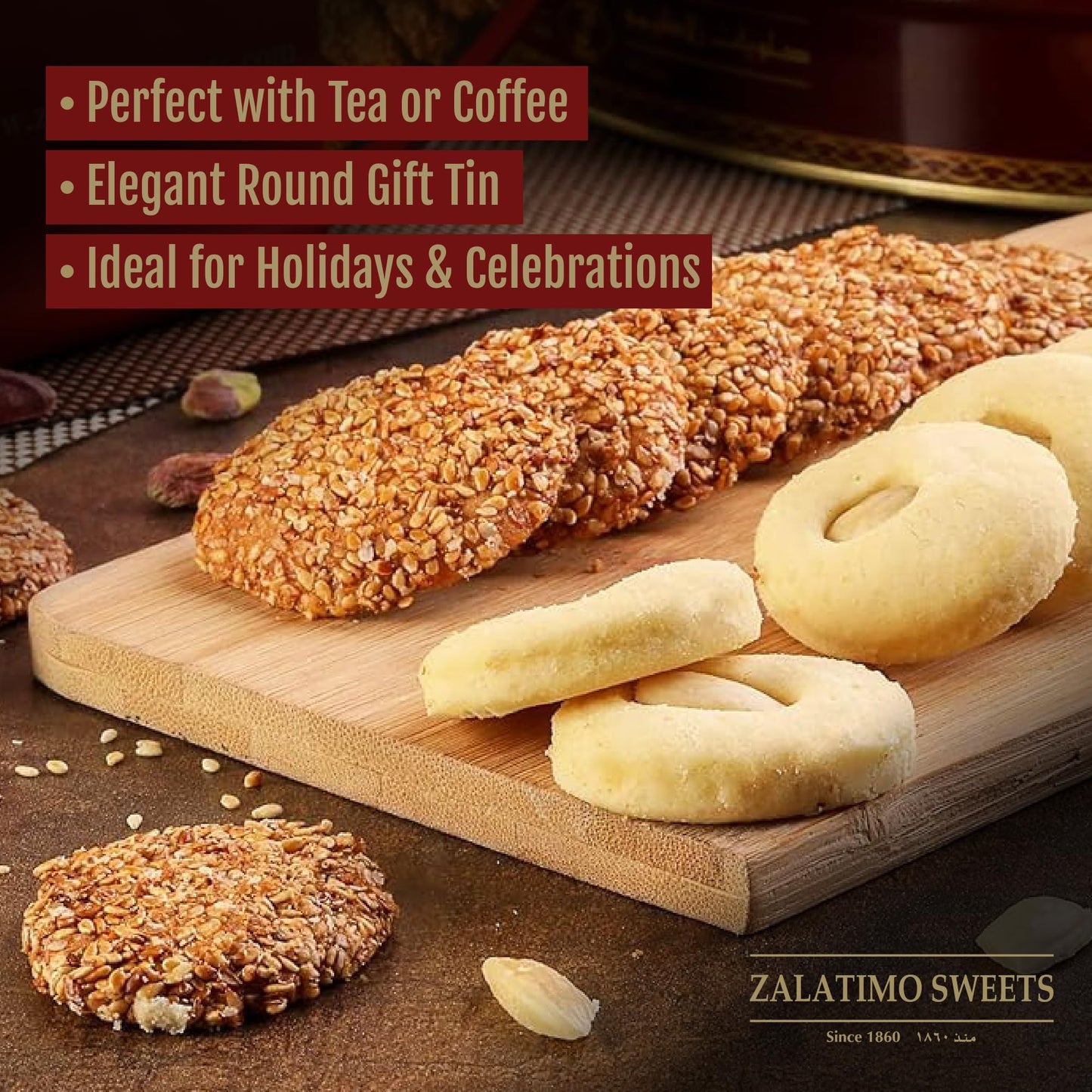 Zalatimo Sweets Since 1860, 100% All Natural Sesame & Butter Shortbread Cookies, Square Metal Gift Tin, Slightly Sweet Cookies With No Preservatives, No Additives, No Corn Starch, No Syrups! 1.4Lbs