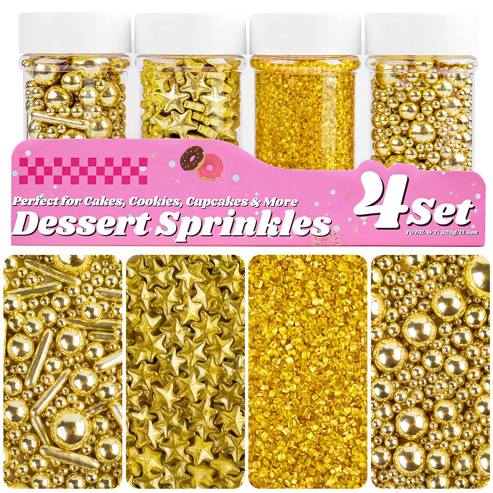 Gold Sprinkles for Cake Decorating, 11.3oz/320g Edible Pearls Rods Star Sprinkles & Gold Sanding Sugar, 4 Jars Large Capacity Gi