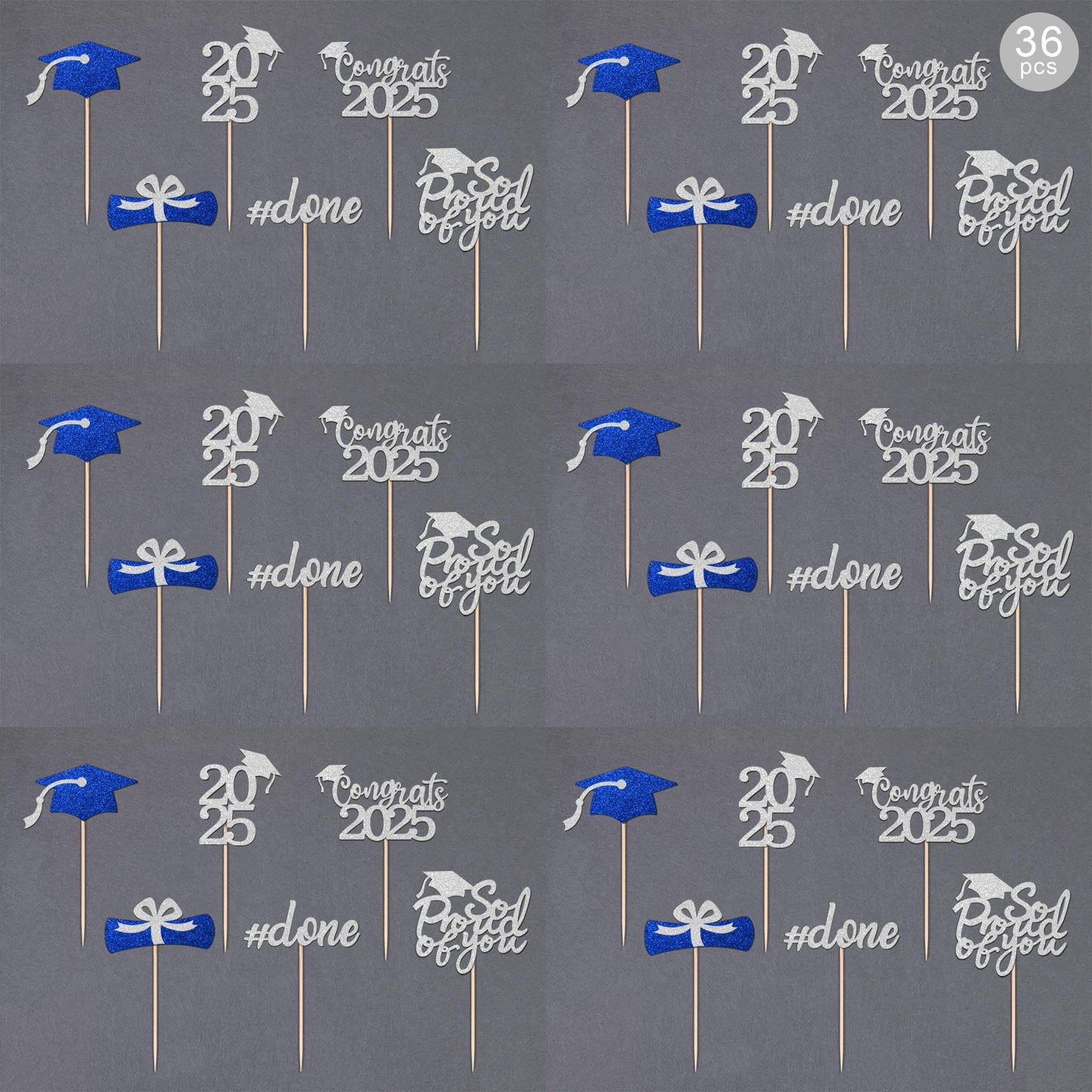 36 Pcs Class Of 2025 Graduation Cupcake Toppers, Silver & Blue Glitter Double-Sided Grad Cap Cake Picks For Party Supplies, 2025
