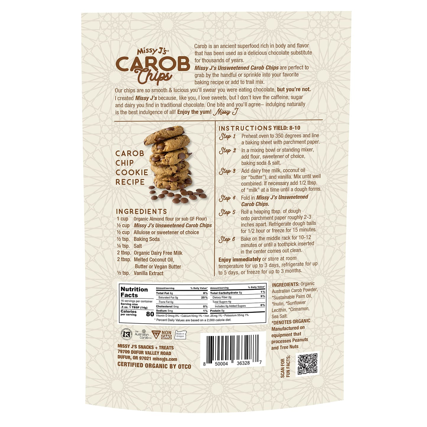 Missy Js Organic Unsweetened Carob Chips, Vegan, Gluten-Free, 8 Oz, Chocolate Flavor