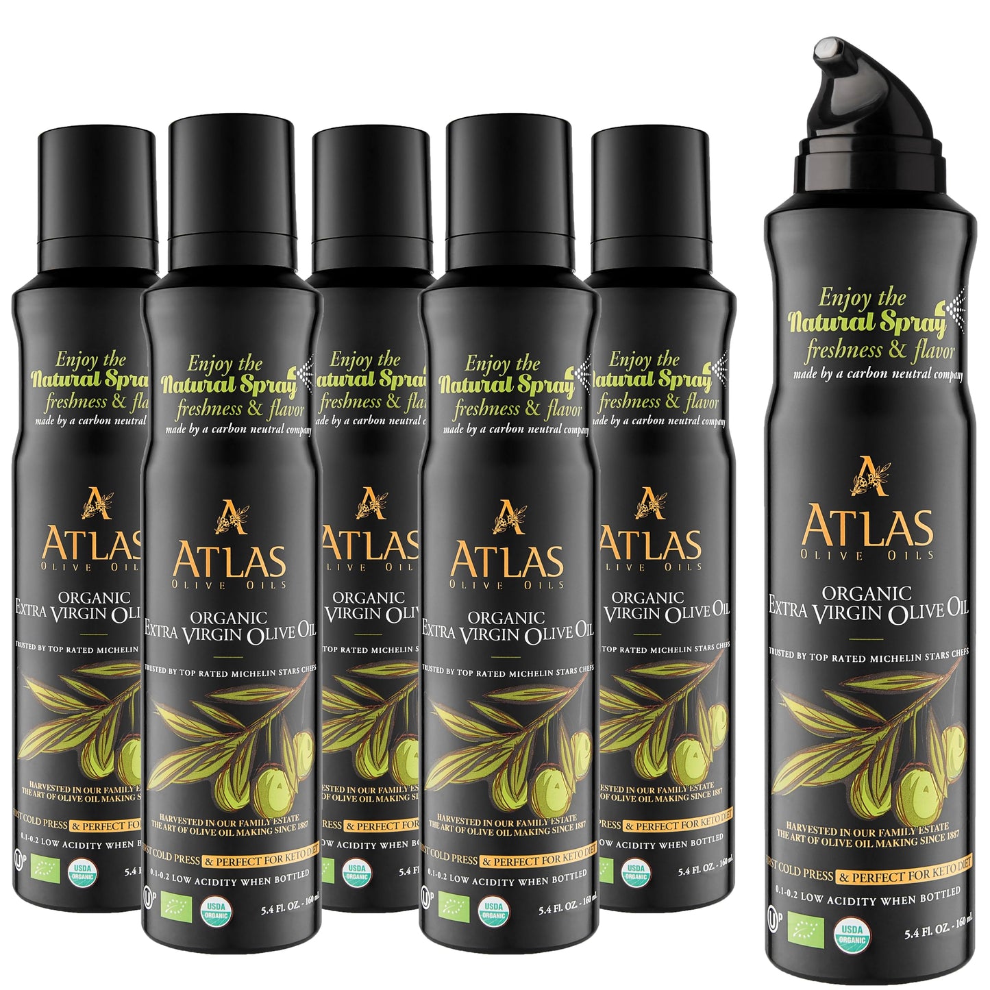 A ATLAS OLIVE OILS Olive Oil Spray, Extra Virgin, Non-Stick, Cold Pressed, 5.4 oz, 6 Pack