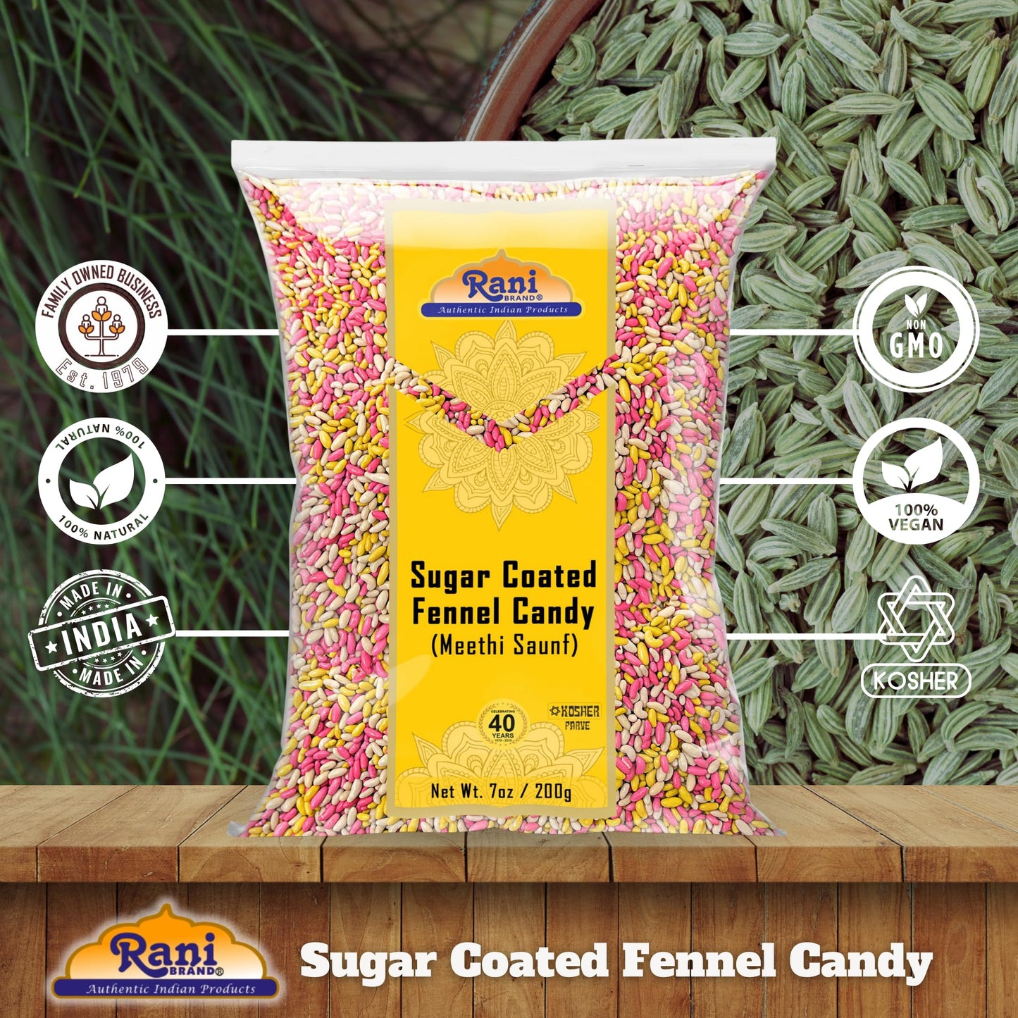 Rani Sugar Coated Fennel Candy 7oz (200g) ~ Indian After Meal Digestive Treat | Vegan | Gluten Friendly | NON-GMO | Kosher | Ind