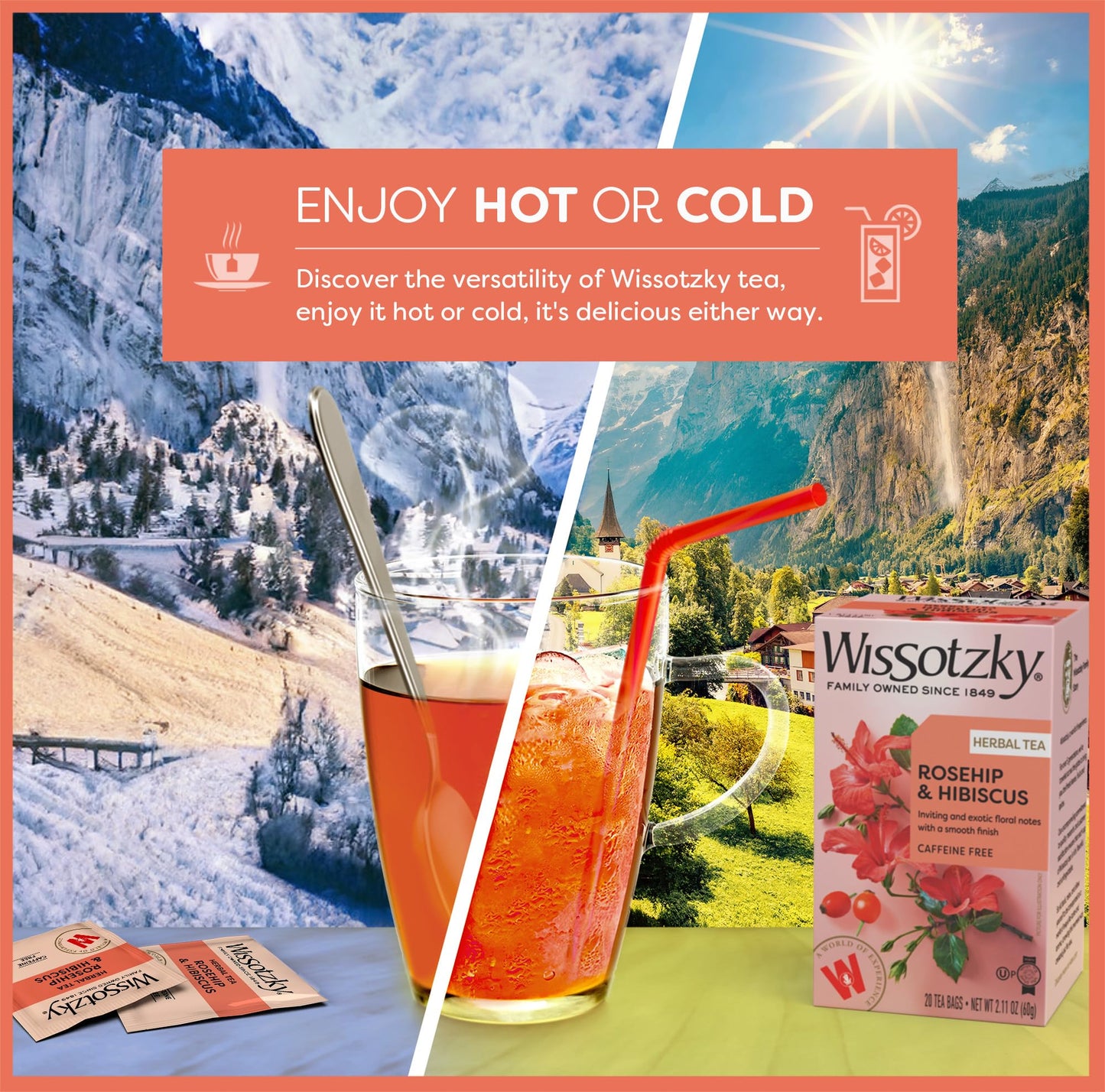 Wissotzky Herbal Tea, Rosehip & Hibiscus, Caffeine Free, 20 Tea Bags, 1 Pack
