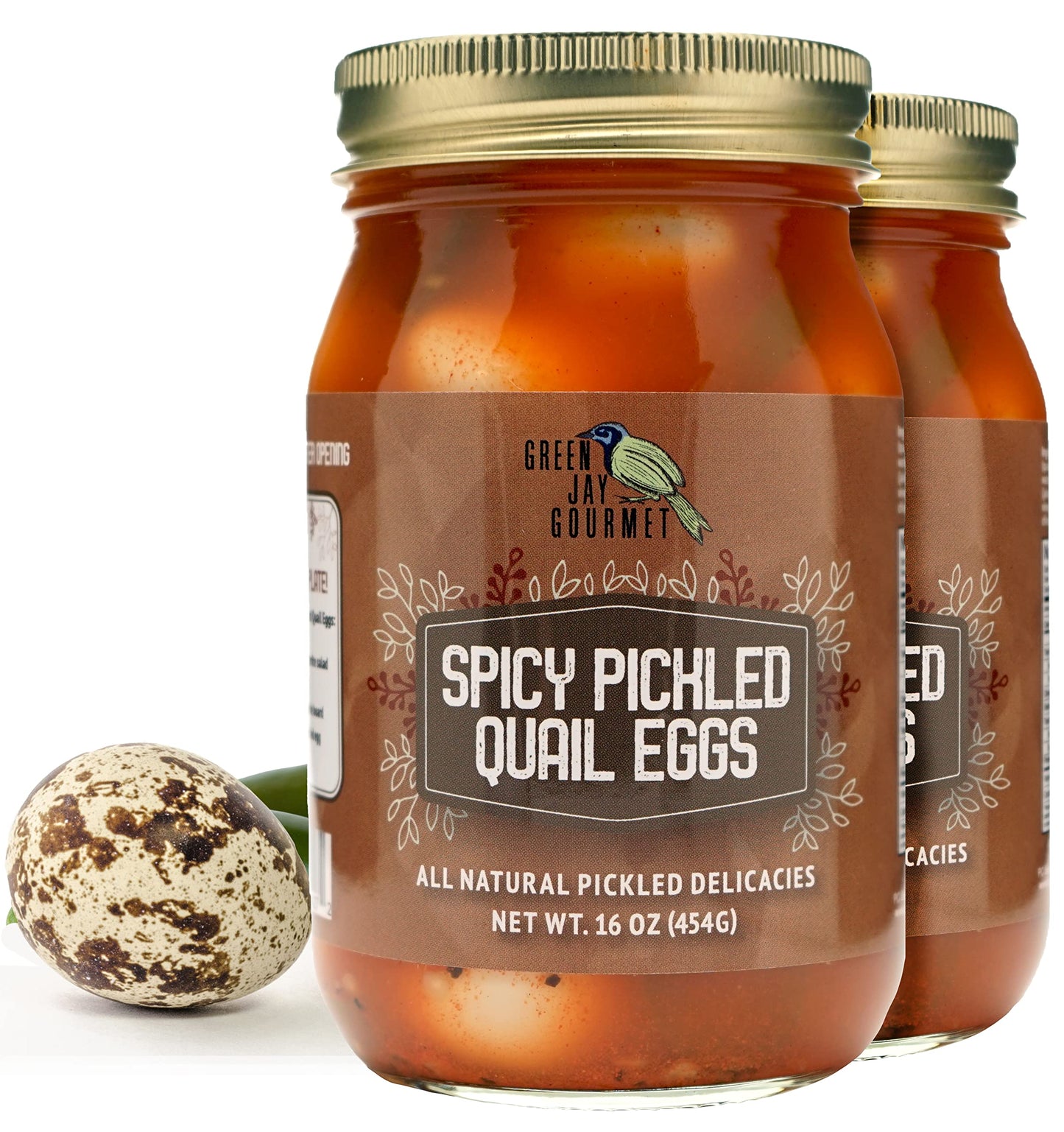 Green Jay Gourmet Spicy Pickled Quail Eggs – 2 x 16 Ounce Jars – Fresh Hand Jarred – Simple Natural Ingredients