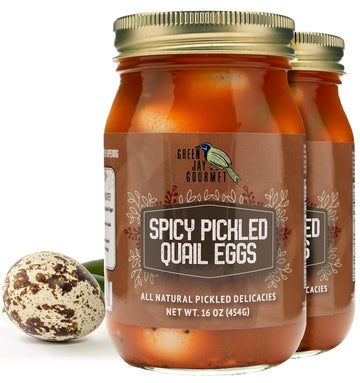 Green Jay Gourmet Spicy Pickled Quail Eggs – 2 x 16 Ounce Jars – Fresh Hand Jarred – Simple Natural Ingredients