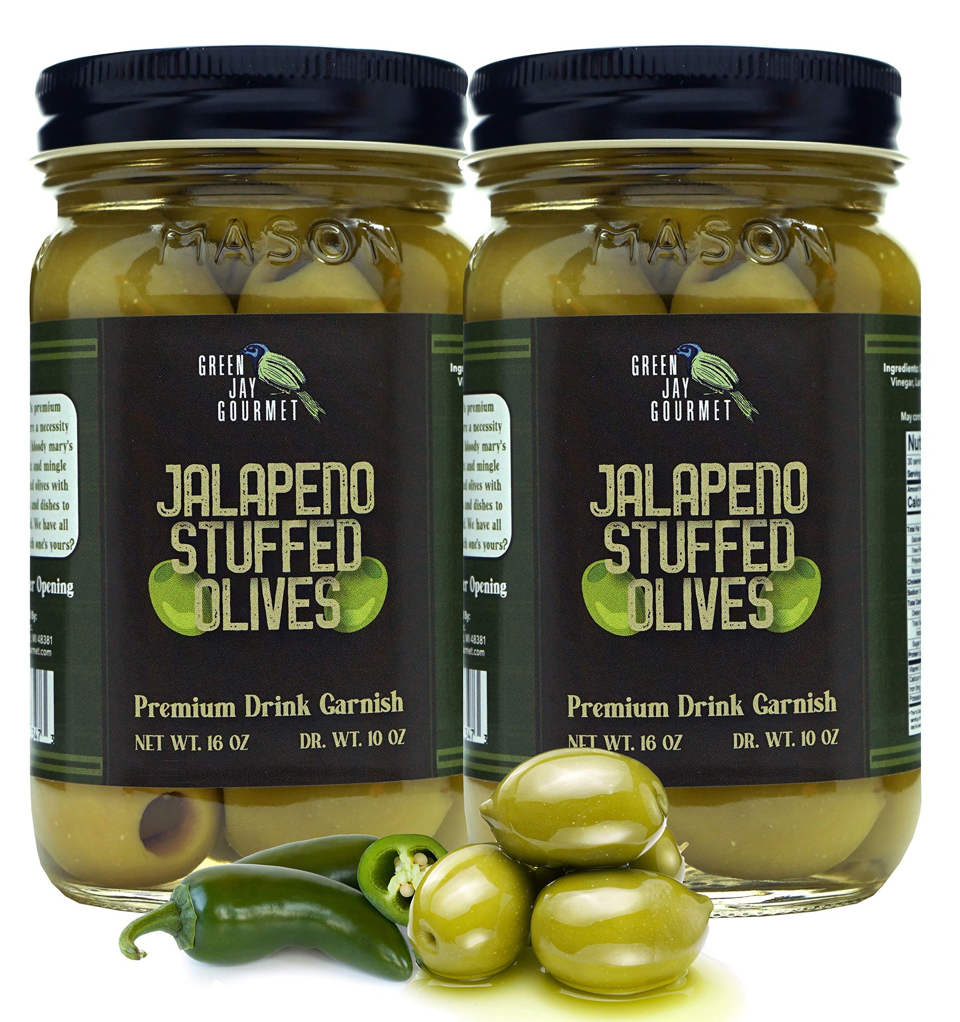 Green Jay Gourmet Jalapeno Stuffed Olives - All Natural - 2 x 16 Oz - Perfect for Cocktails & Cheese Boards