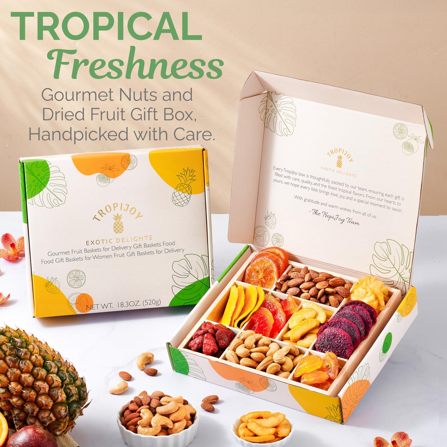 TropiJoy Dried Fruit Basket Gift - 10 Tropical Flavors, Large Variety - Thanksgiving Gifts for Family, Mixed Dried Fruit and Nuts