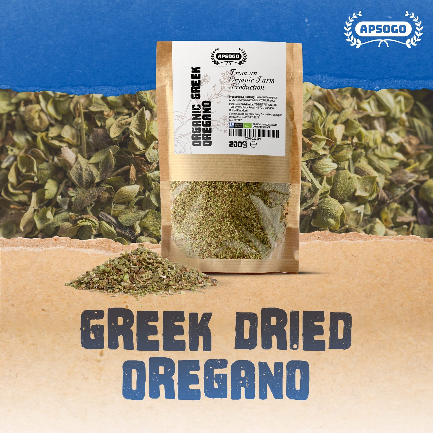 Apsogo Oregano - Organic Dried Oregano Produced In Greece - Premium Quality & Excellent Taste (7.05Oz (Pack Of 2))