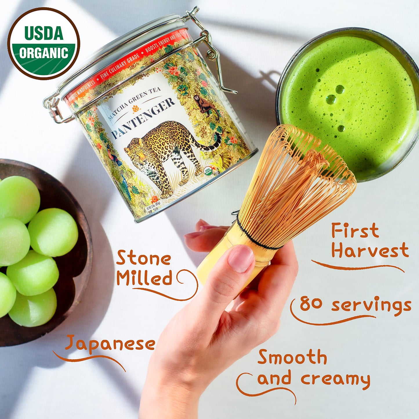 Pantenger Organic Matcha Green Tea Powder - Authentic Japanese - 3 OZ (70 Servings) - Premium First Harvest - Latte & Smoothie Grade