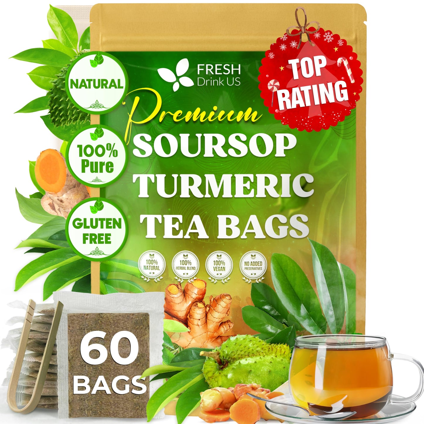 FreshDrinkUS  enhanced 60 Soursop Turmeric Tea Bags  100% Natural  Blend of Soursop Leaves  and Turmeric Root. Made with Natural Material Tea Bags. No Sugar  Vegan.