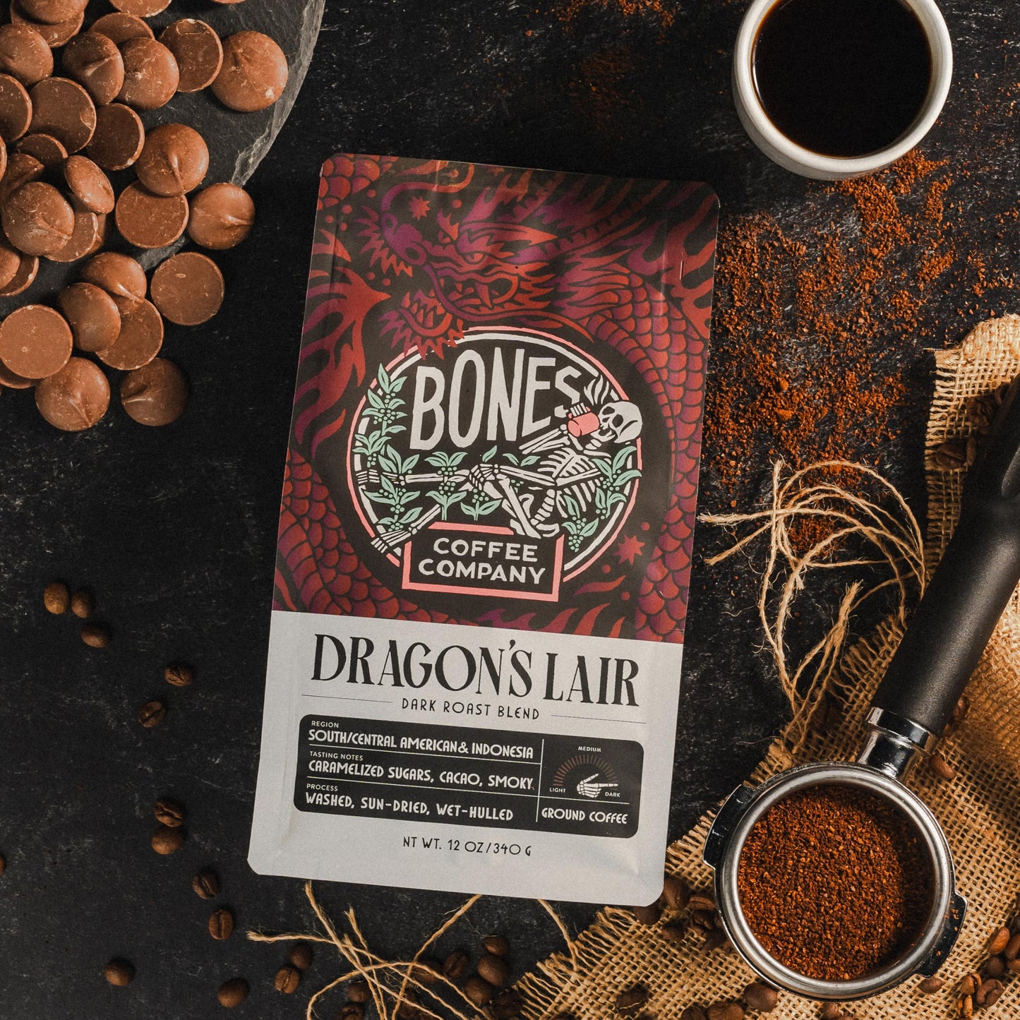 Bones Coffee Company Dragon'S Lair Ground Coffee Beans, Low Acid Flavored Coffee, Made With Arabica Coffee Beans, Dark Roast Gourmet Coffee, Coffee Lover Gift Ideas (12 Oz)