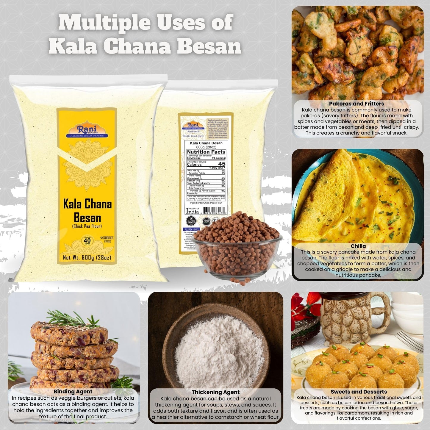 Rani Kala Chana Besan (Chick Peas Flour) 28Oz (1.75Lbs) 800G ~ All Natural | Vegan | Gluten Friendly | Non-Gmo | Kosher | Indian