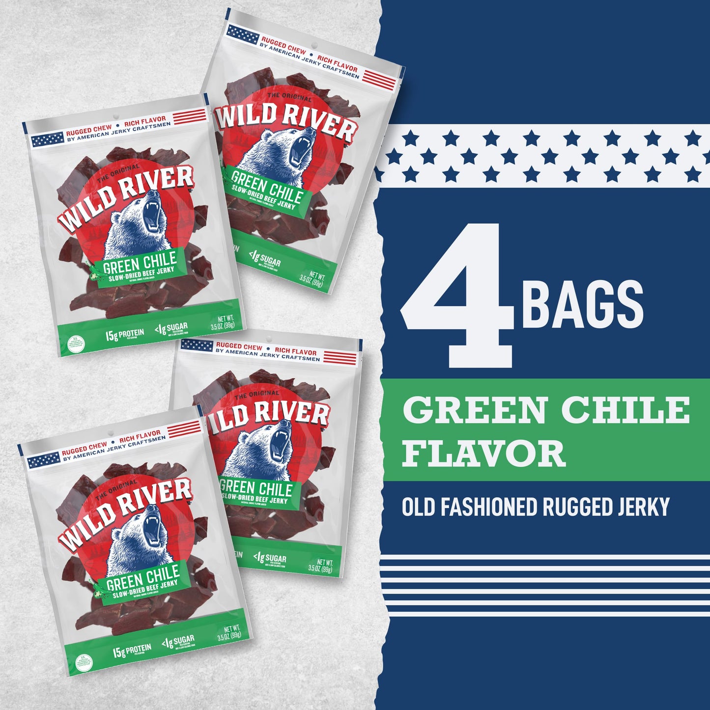 Wild River Green Chile Beef Jerky, Old Fashioned Beef Jerky, Gluten Free, Deliciously Seasoned, Savory Meat Snack For Lunches, R