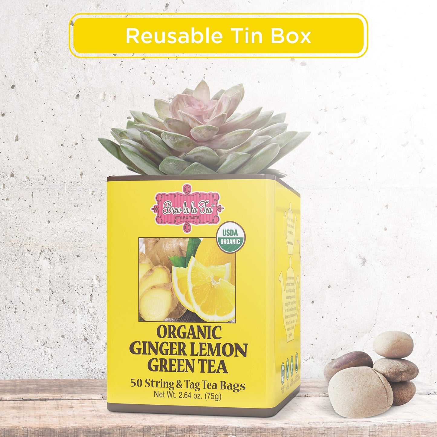 Brew La La Organic Green Tea - Ginger Lemon Flavor - 50 Tea Bags - Low Caffeine - USDA Certified Organic