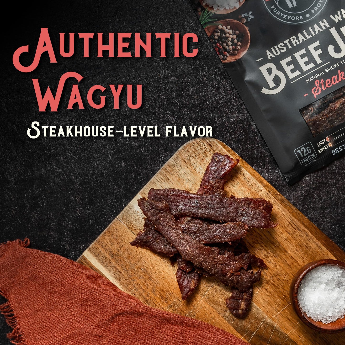 Meat Artisan Beef Jerky - Australian Wagyu Steakhouse - High Protein Snack - Gluten Free No MSG - enhanced Gourmet Natural 3oz (85g)