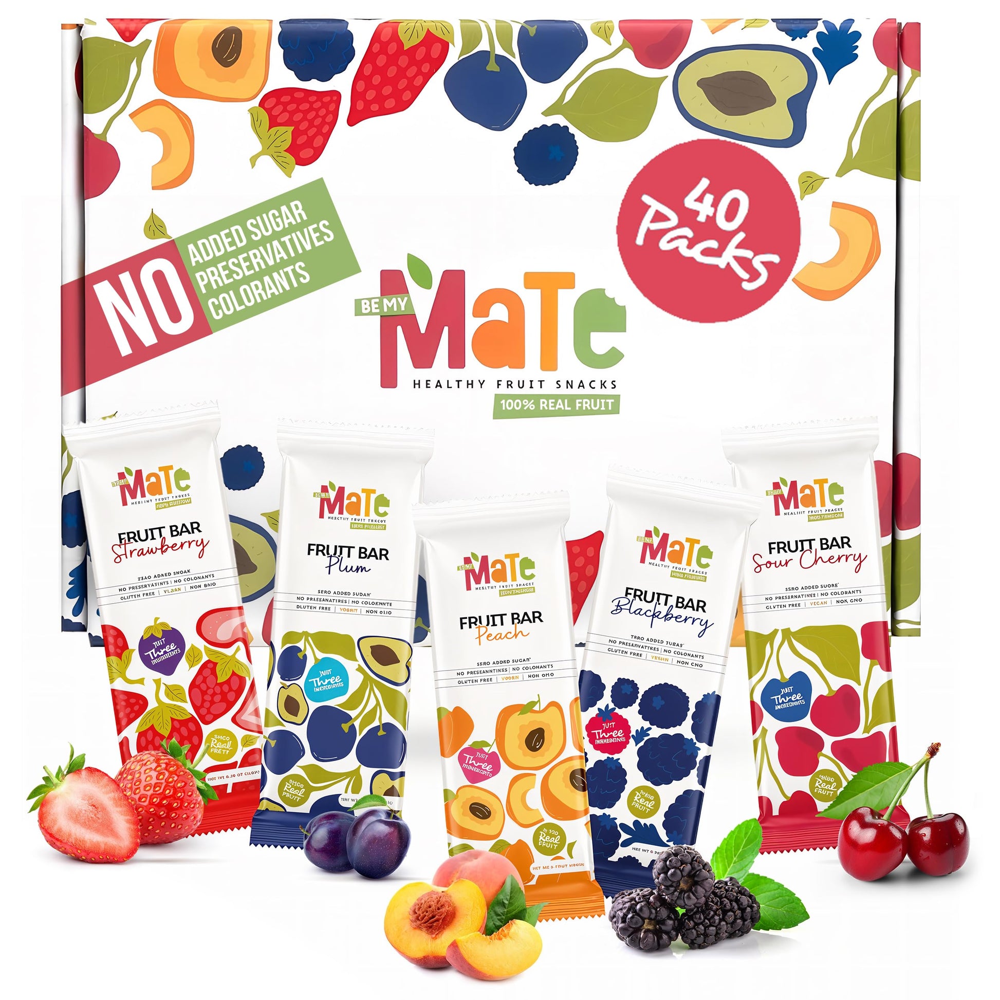 Mate Fruit Bars Variety Pack (40 Pack) - 100% Natural Real Fruit Snacks for Adults and Kids, Healthy Snacks Gluten-Free & Vegan 
