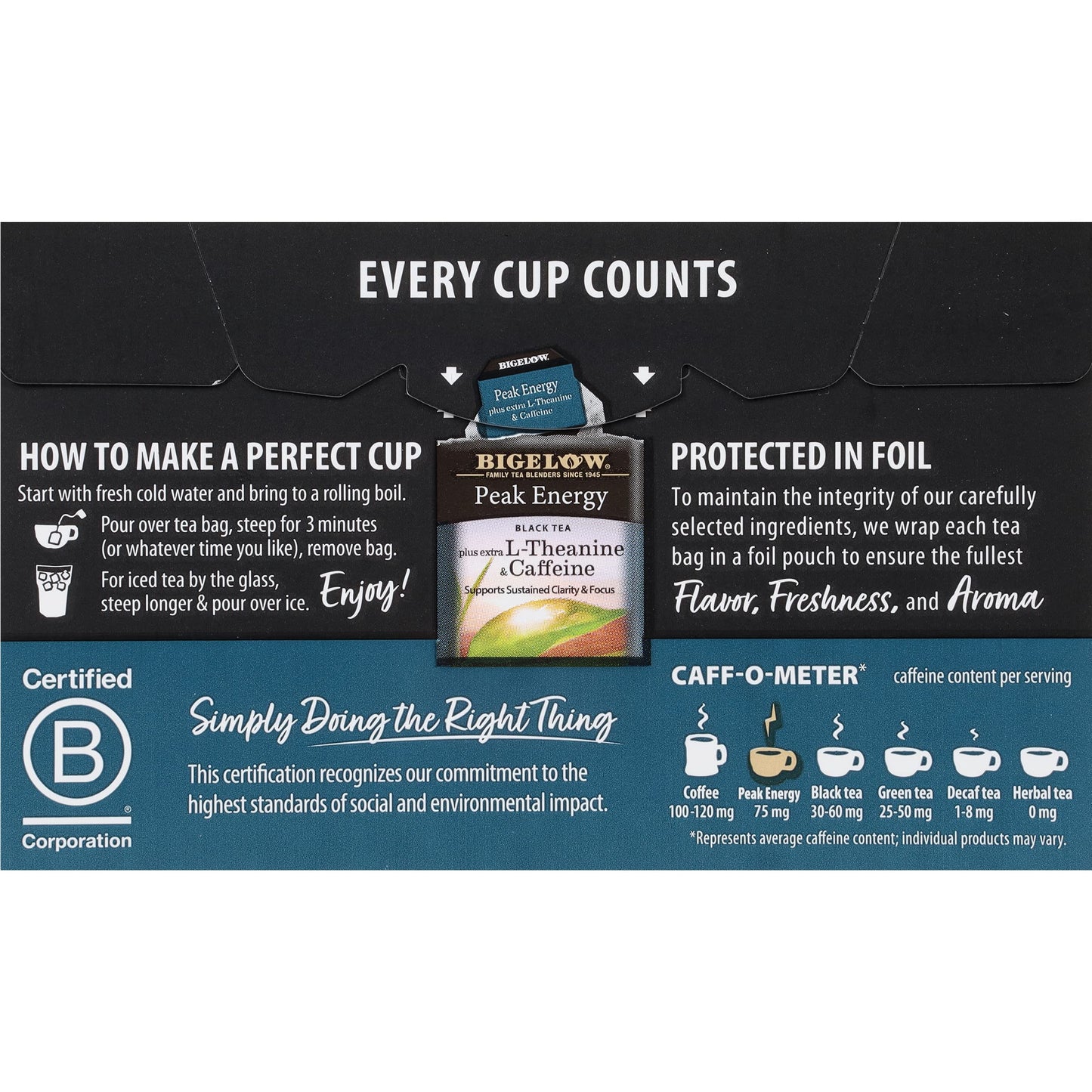 Bigelow Tea Peak Energy, 18 Count (Pack of 6), Extra L-Theanine & Caffeine, 108 Total Tea Bags