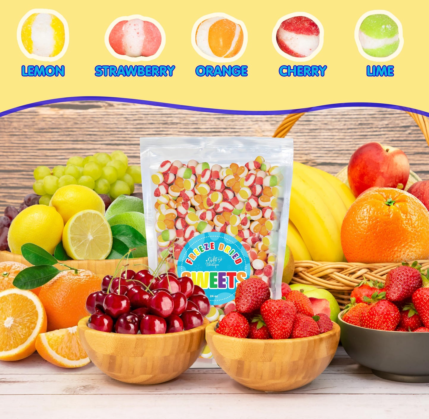 Freeze Dried Candy Gourmet Crunch Candies 24Oz Bag Pouch Assorted Cherry Strawberry Lemon Lime Orange Original Rainbow Fruity Fl