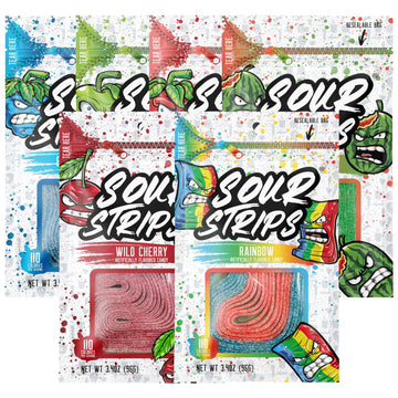 Sour Strips Flavored Sour Candy Strips, Deliciously Sour Chewy Candy Belts, Vegetarian Candies, Sampler 6 Pack