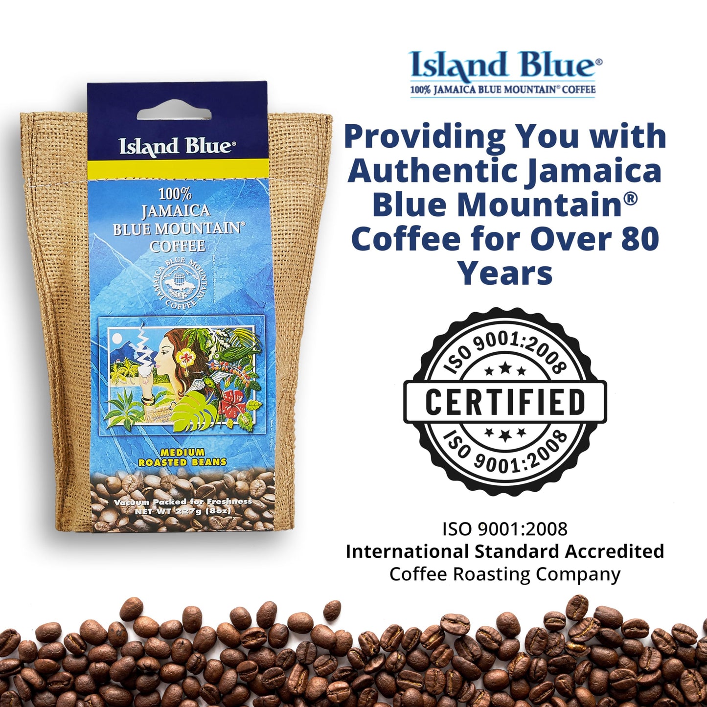 Island Blue 100% Jamaica Blue Mountain Medium Roasted Whole Beans Coffee (8Oz)