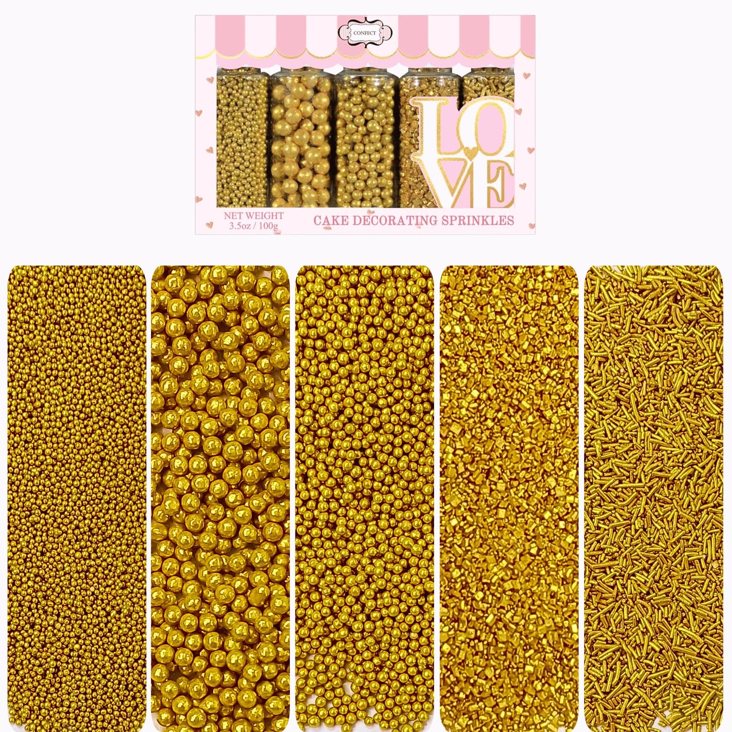 Confect Gold Sprinkles | Sprinkles for Cakes & Cupcakes Decoration | Birthday Sprinkles | Assorted Pack of 5 Golden Glam Gold Sp