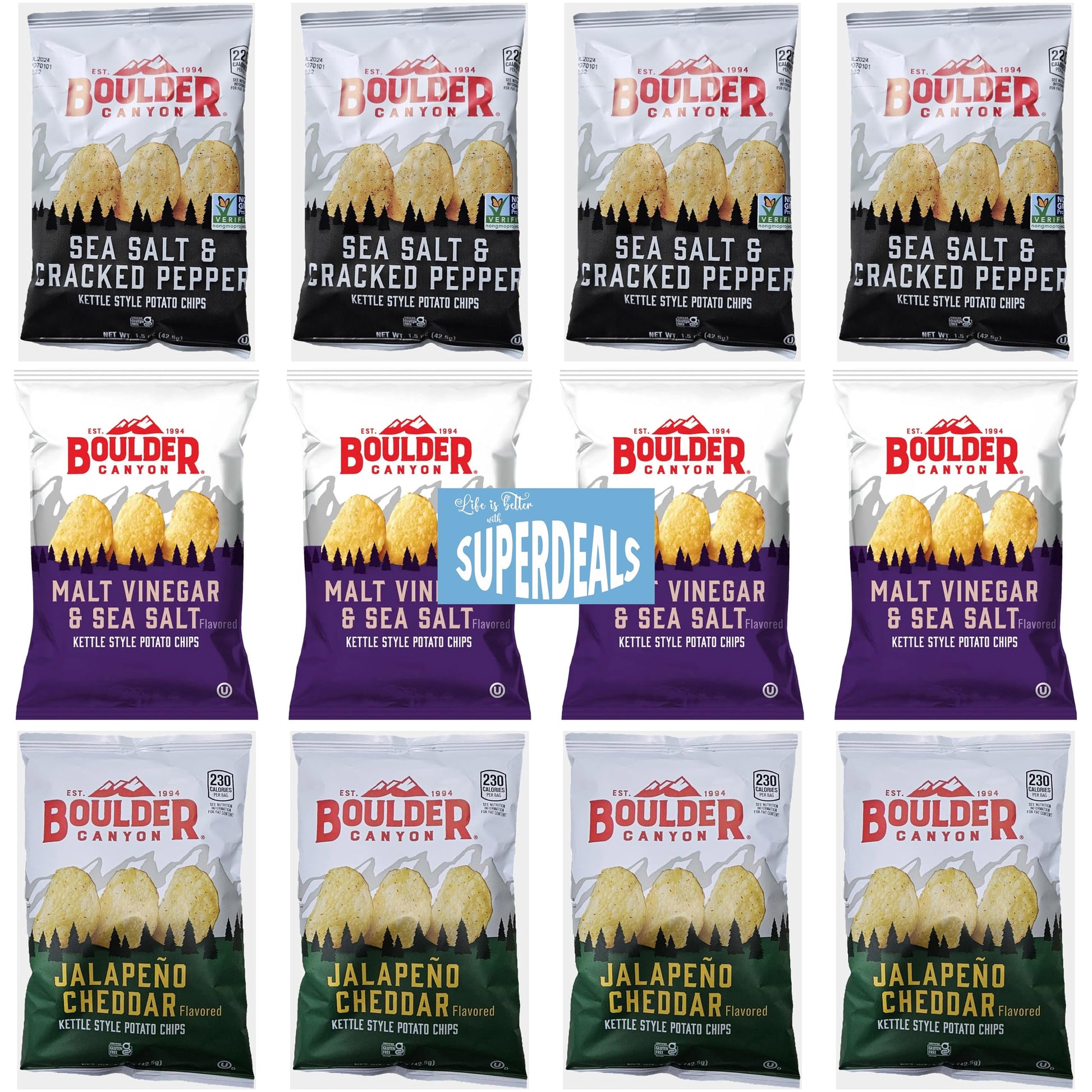 Boulder Canyon | Variety 3 Flavors 12 Pack | 4 Sea Salt & Cracked Pepper, 4 Malt Vinegar & Sea Salt, 4 Jalapeno Cheddar | Kettle