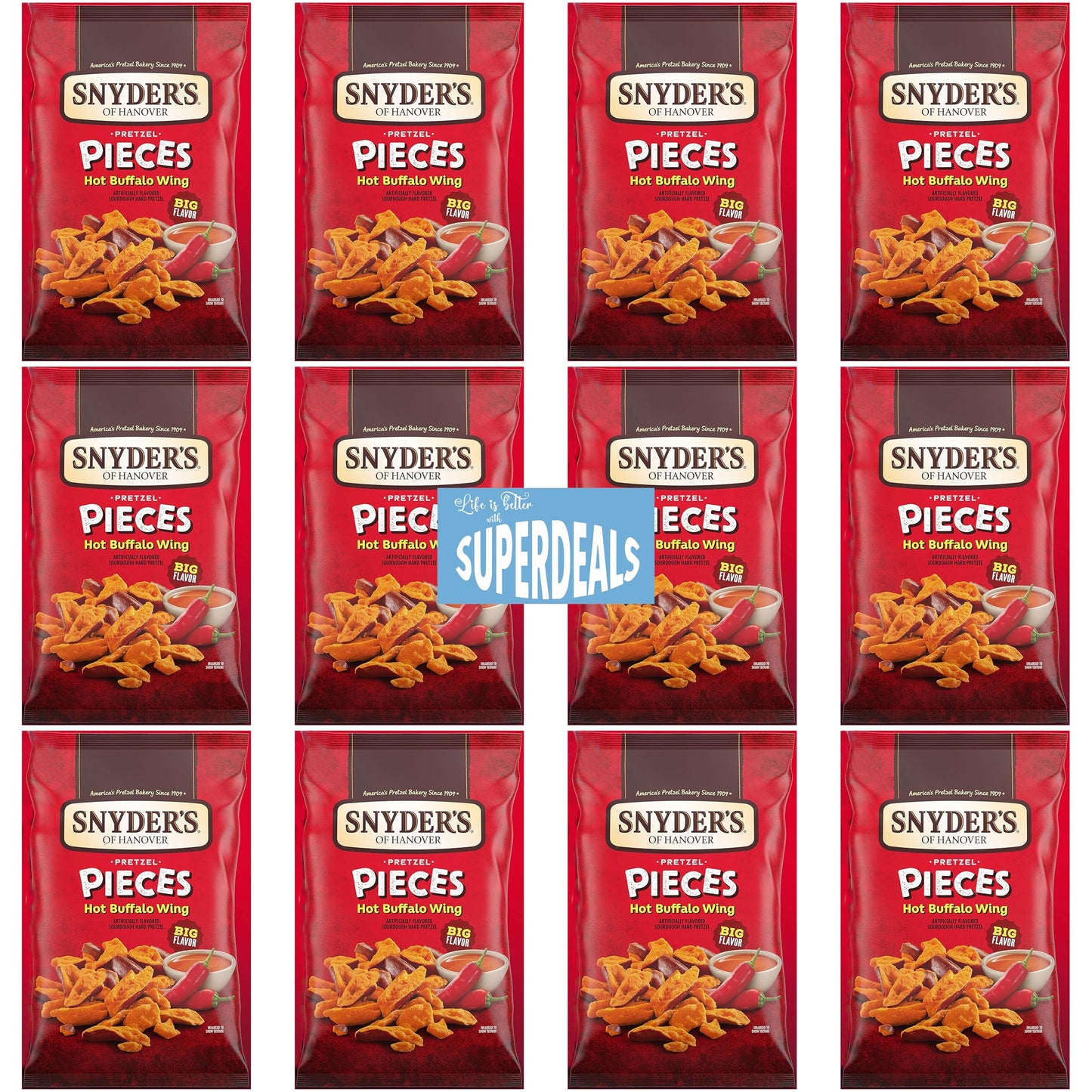 SUPERDEALS Snyders of Hanover Pretzel Pieces, Hot Buffalo Wing, 2.25 Oz, Pack of 12 with Mystery Gift