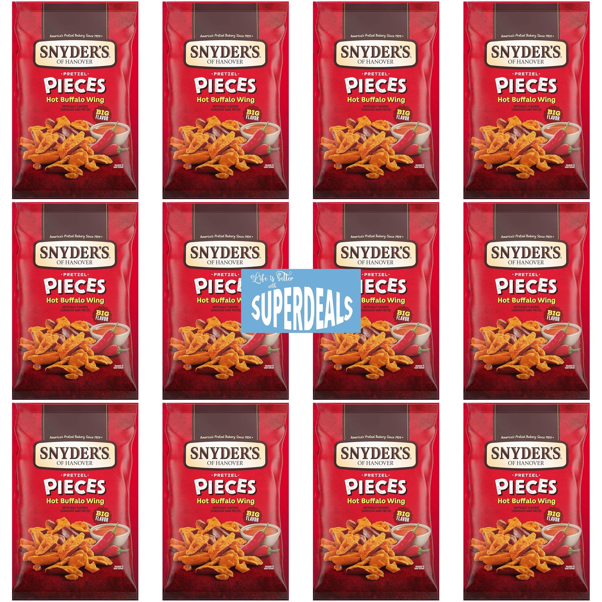 SUPERDEALS Snyders of Hanover Pretzel Pieces, Hot Buffalo Wing, 2.25 Oz, Pack of 12 with Mystery Gift