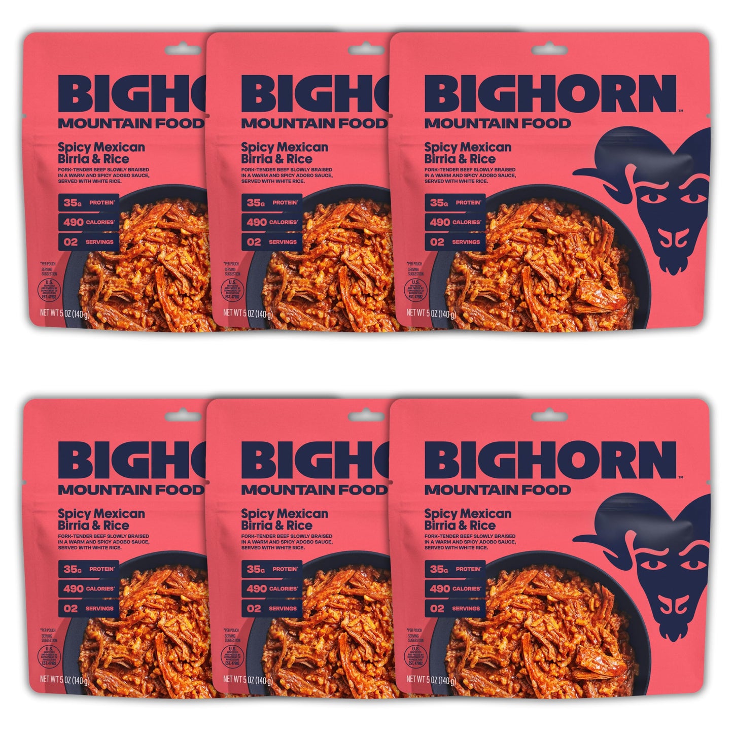 Bighorn Mountain Food Spicy Mexican Birria And Rice - Contains 6 Packs | 12 Servings | 210G Protein | 2,940 Calories - Enhanced Freeze Dried Meals For Backpacking Food - Dehydrated Camping Food For Backpacking Meal - Just Add Water - Great Taste
