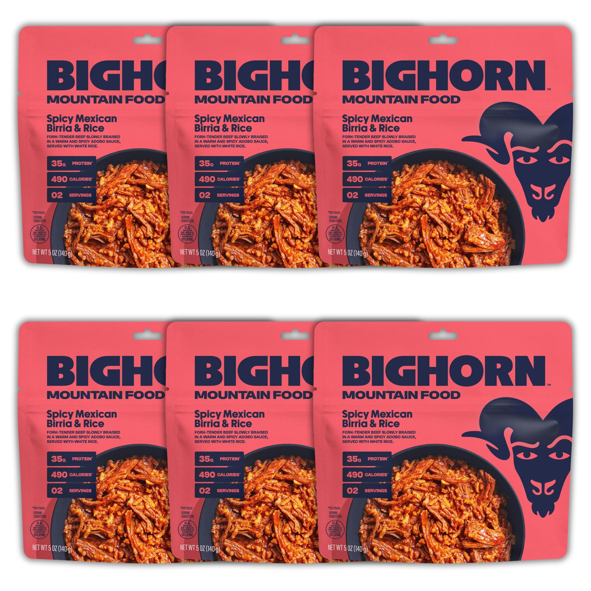 Bighorn Mountain Food Spicy Mexican Birria And Rice - Contains 6 Packs | 12 Servings | 210G Protein | 2,940 Calories - Enhanced Freeze Dried Meals For Backpacking Food - Dehydrated Camping Food For Backpacking Meal - Just Add Water - Great Taste