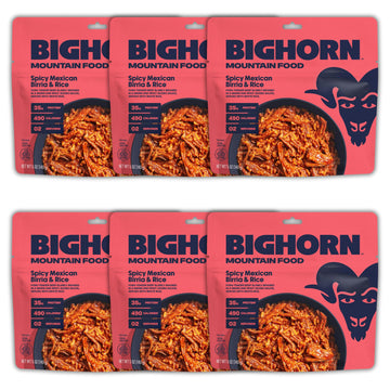 Bighorn Mountain Food Spicy Mexican Birria And Rice - Contains 6 Packs | 12 Servings | 210G Protein | 2,940 Calories - Enhanced Freeze Dried Meals For Backpacking Food - Dehydrated Camping Food For Backpacking Meal - Just Add Water - Great Taste