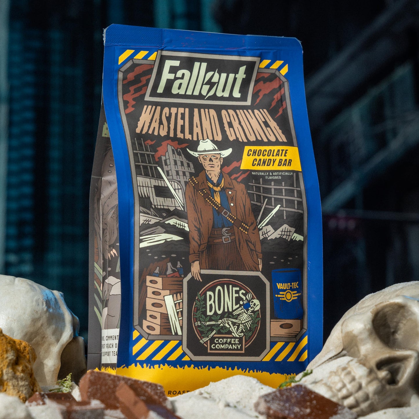 Bones Coffee Company Wasteland Crunch Flavored Ground Coffee Beans Chocolate Candy Bar Flavor | 12 Oz Medium Roast Low Acid Coff