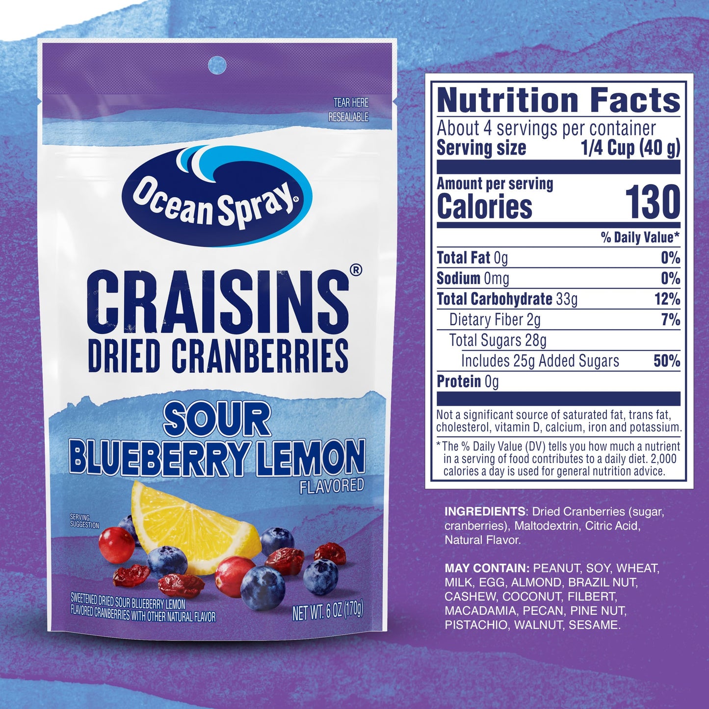 Ocean Spray Craisins Sweetened Dried Cranberries, Sour Blueberry Lemon, 6oz Pouch